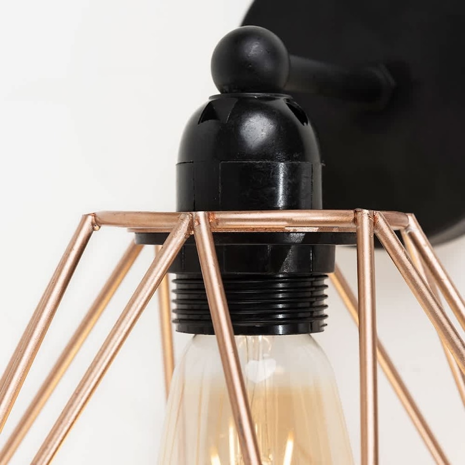 image 1 of ValueLights Cambourne Matte Black Wall Light Copper Shade & Bulb