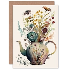 Flower Bouquet Floral Pattern Ceramic Teapot Birthday Card