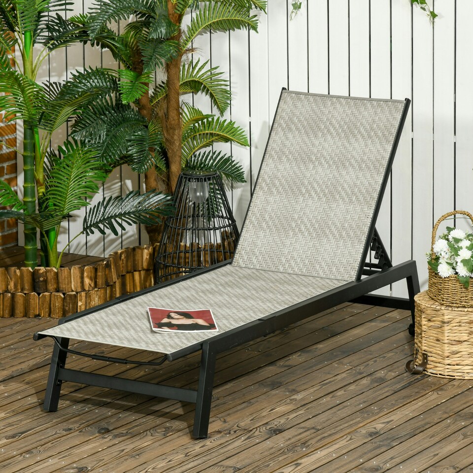 image 1 of Outsunny Outdoor PE Rattan Sun Loungers w/ 5-Position Backrest & Wheels, Grey