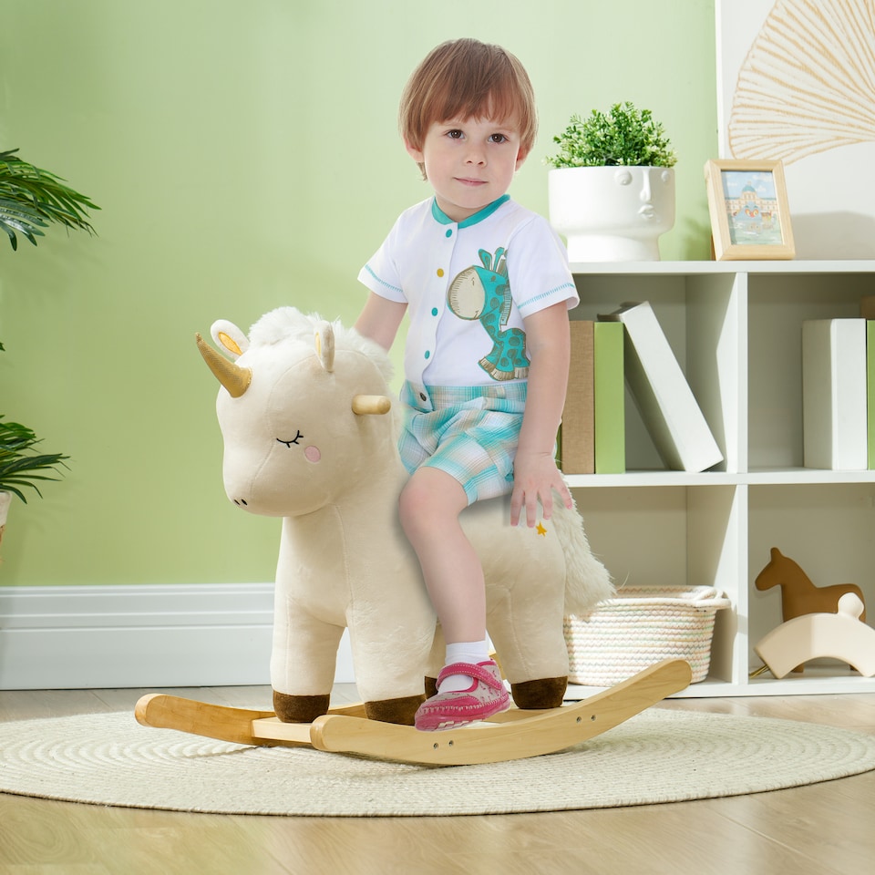 image 1 of AIYAPLAY Rocking Horse, Kids Ride On Horse with Unicorn Design, Sounds, Plush Ride On Toy for Ages 2-4 Years, White