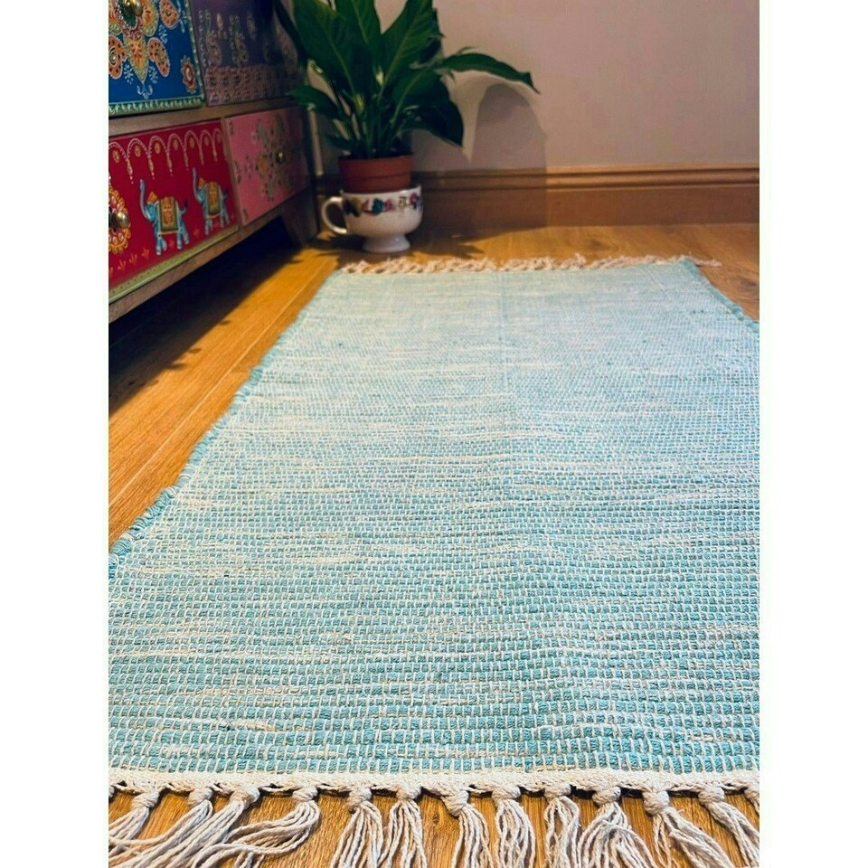 image 1 of Hush Hand Loomed Soft Rug in Muted Colours - Cotton - L120 x W180 cm - Turquoise Blue
