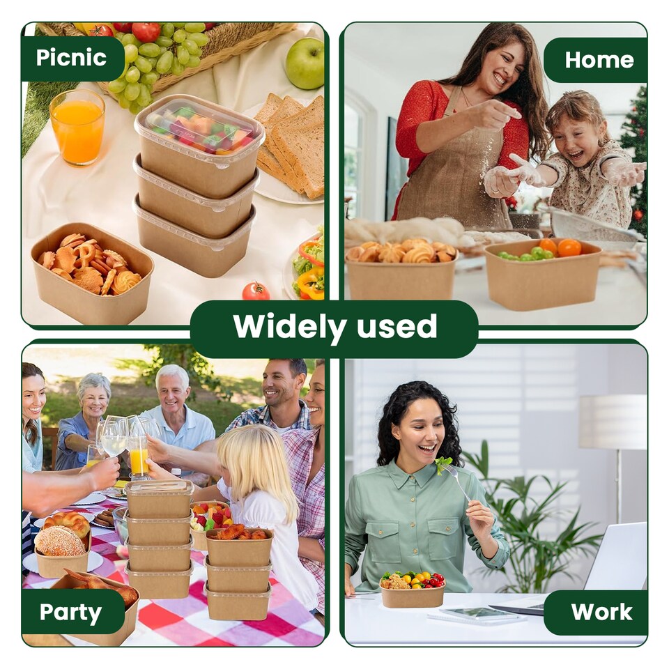 image 1 of ECONX 650ml Kraft Food Containers with Plastic Lids Rectangular Takeaway Food Box 50pc