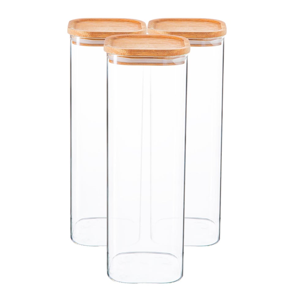 image 1 of Argon Tableware Square Glass Storage Jars with Wooden Lids - 2.2 Litre - Pack of 3