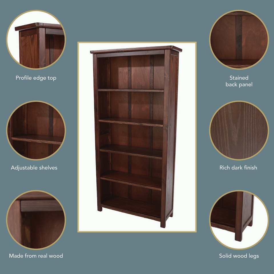 image 1 of Boston 5-Shelf Tall Bookcase - Rich Dark Brown Lacquer Finish with Handcrafted Adjustable Shelves | Brown | Dark Brown | One Size | 1