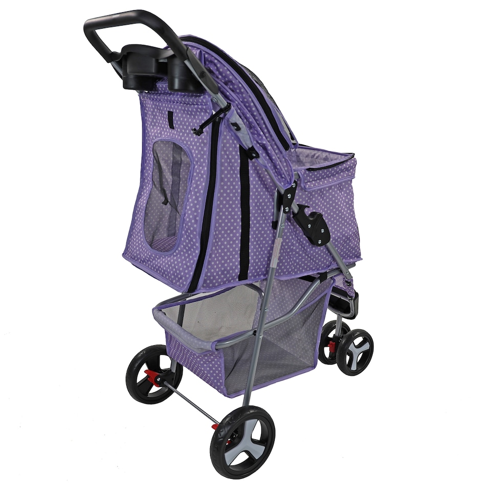 image 1 of Pet Stroller Dog Cat Puppy Pram Pushchair Travel Cart Jogging Buggy Carrier (Purple Dot with Cover)