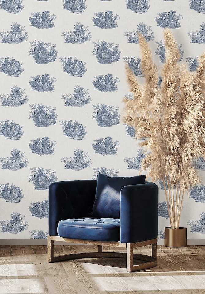 image 1 of Elsie Burton Versaille Toile Grey/Navy Wallpaper | Blue