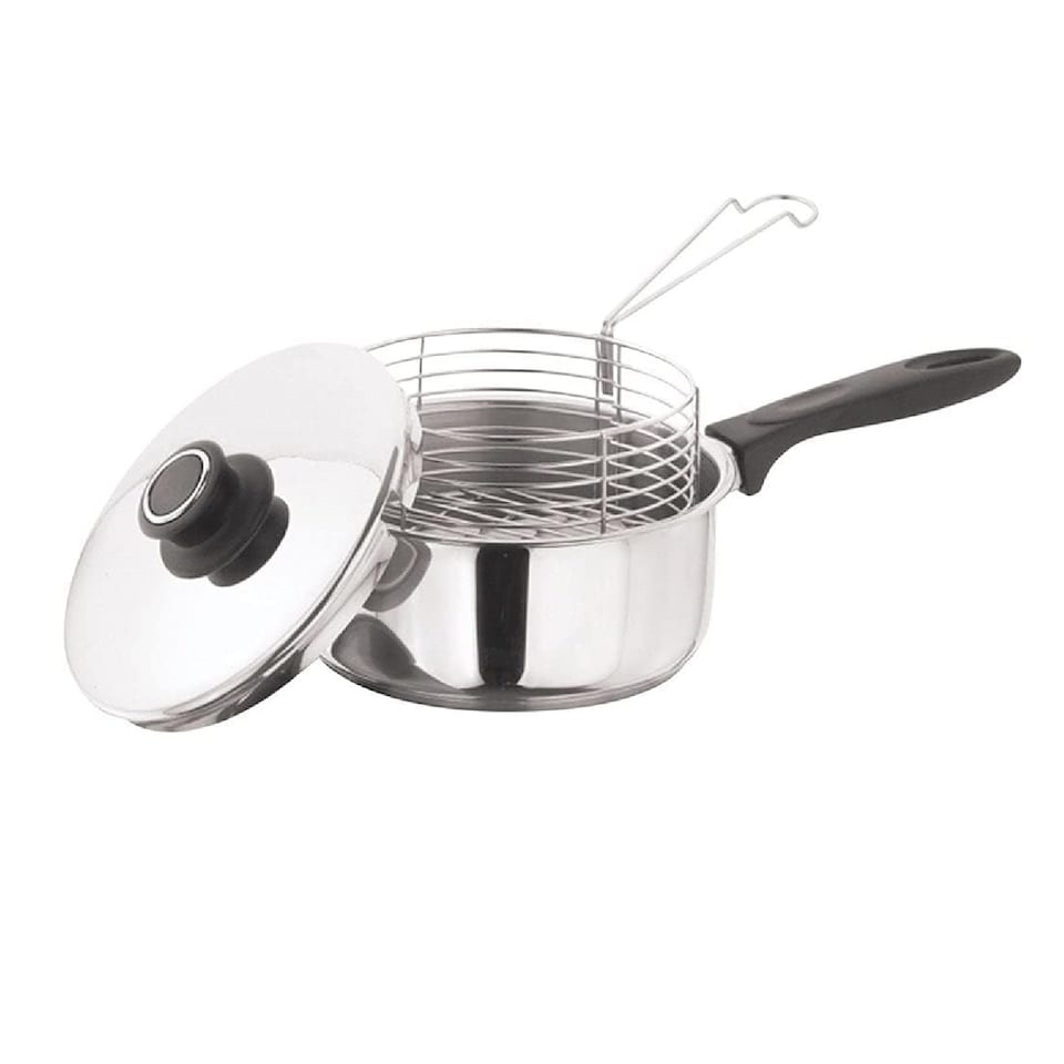 image 1 of 20cm Deep Fat Fryer Set 3pc Induction Chip Pan Stainless Steel Pot Lid