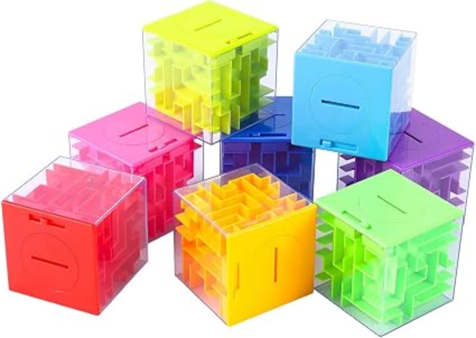 image 1 of London Boutique 8PCS 3D Maze Money Puzzle Box, Rolling Ball Brain Teaser Piggy Bank, Solid Color Maze Cube Gift for Kids Teens Adults