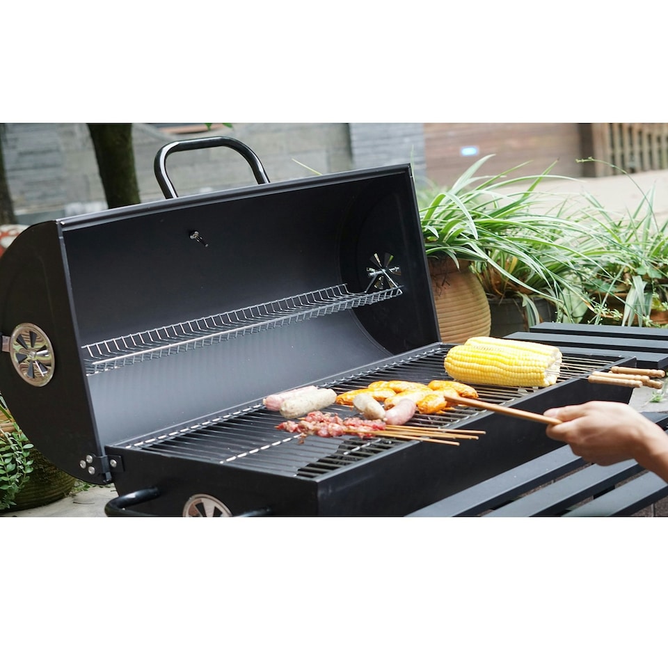 image 1 of Large Charcoal Oil Drum BBQ Grill Portable Barrel Barbecue With Lid Wheels Side Table