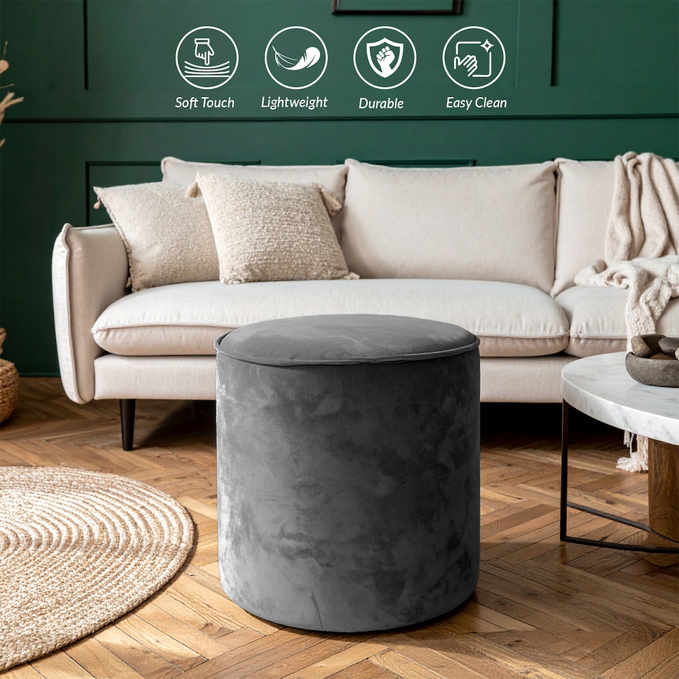 image 1 of Round Shape Velvet Bean Bag Pouffe Foot Rest - 40cm Grey