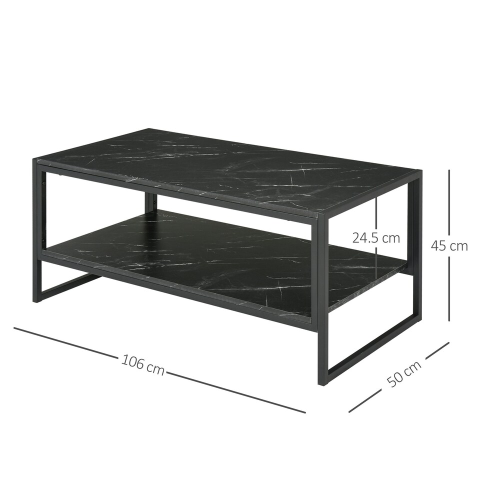 image 1 of HOMCOM Two-Tier Coffee Table Marble Effect Shelf Metal Frame Black Black