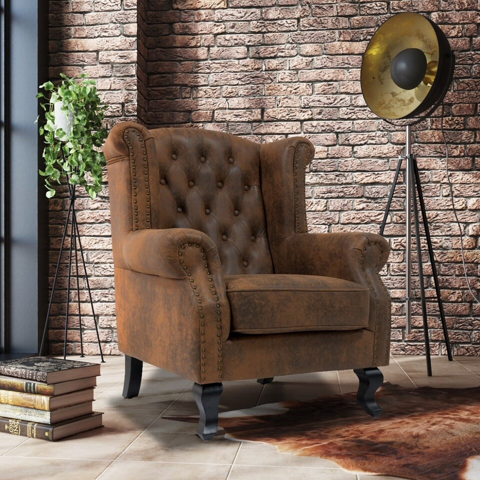 image 1 of Faux Leather Brown Suede Balmoral Wing Back Chair with Buttons