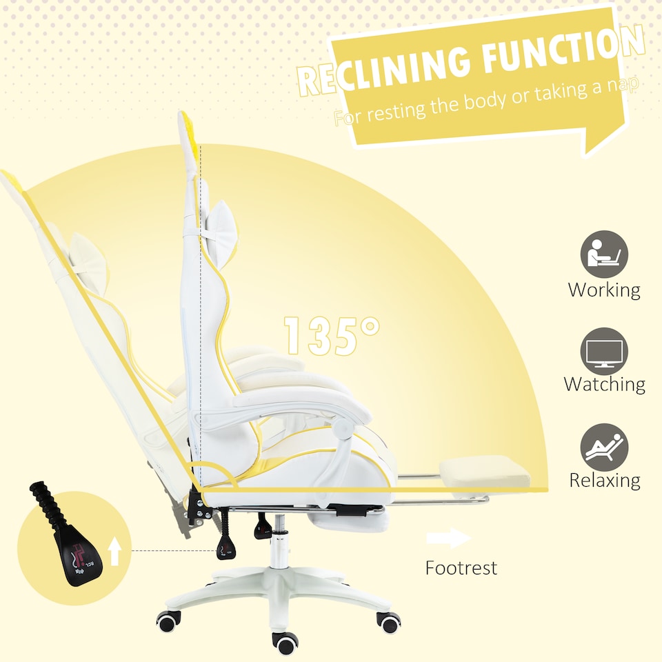 image 1 of Vinsetto Reclining Racing Gaming Chair with Headrest and Lumber Support, PU Leather Computer Chair with Removable Rabbit Ears, Footrest, Yellow