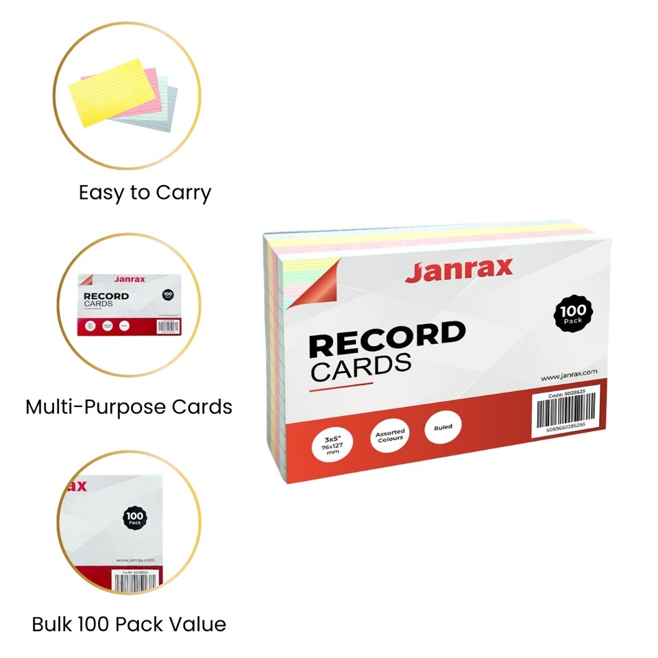 image 1 of Pack of 100 White Plain 8x5inch Record Cards - Blank Study Index Cards for Notes, Revision