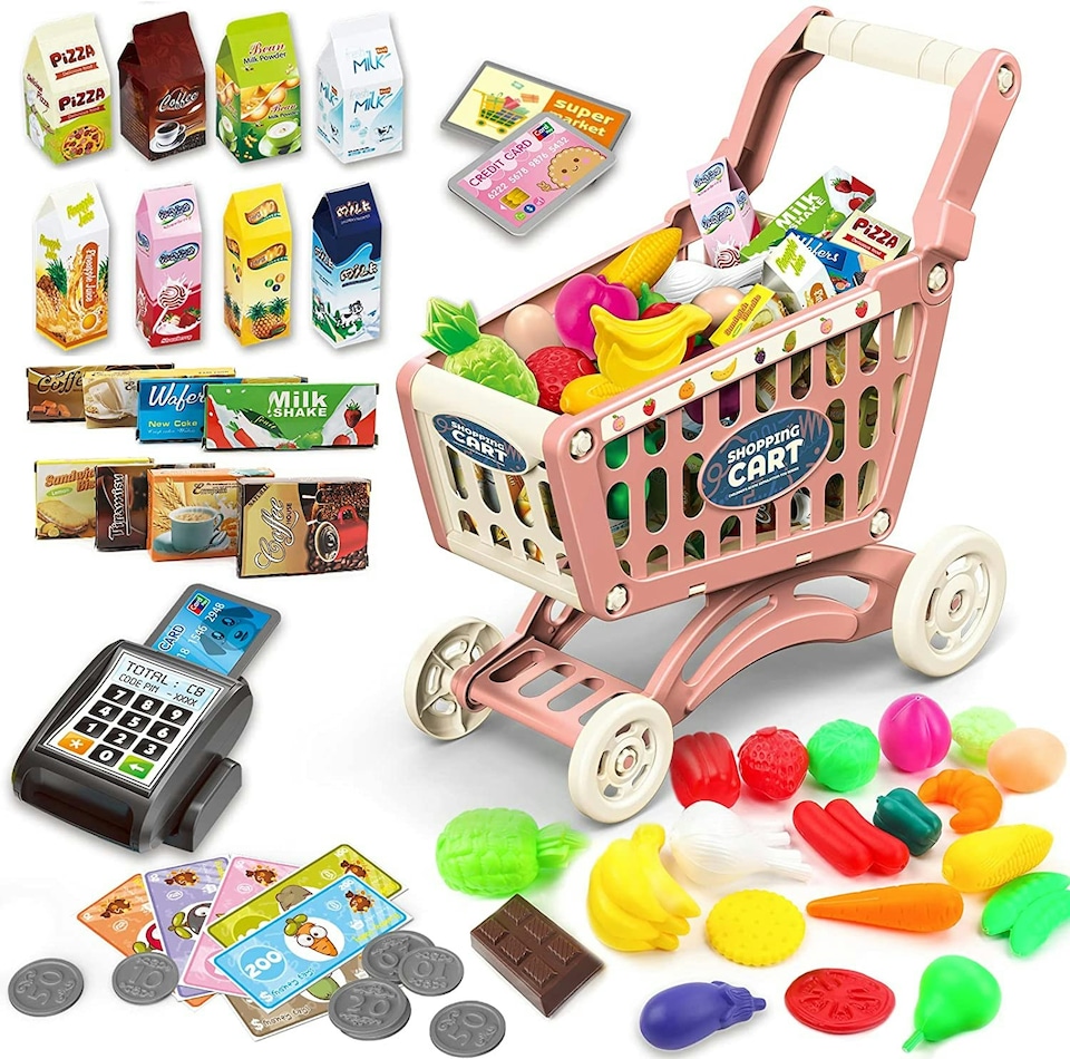image 1 of Kids Shopping Cart Play Set - 65-Piece Pretend Grocery Kit with POS Machine, Plastic Money & Accessories Easy Assembly for Ages 3+ (Green)