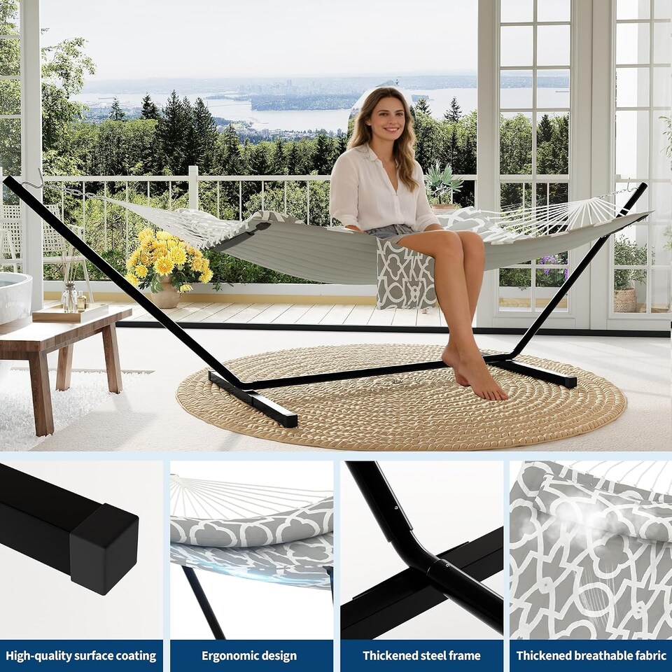 image 1 of London Boutique 12FT Double Hammock with Stand, Garden Hammock with Pillow and Balance Ropes, Grey