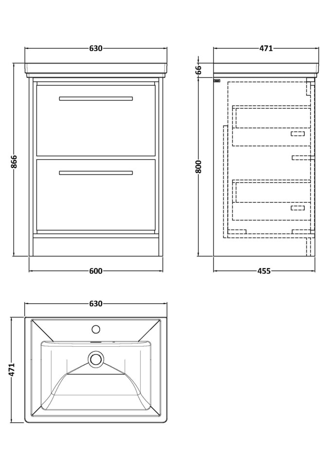 image 1 of Bathroom Floor Standing 2-Drawer Vanity, Fireclay Basin, Grey, 600mm | Grey | Monument Grey | 1