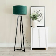 ValueLights Lottie Black Wood Tripod Floor Lamp with Forest Green Velvet Drum Shade and LED Bulb