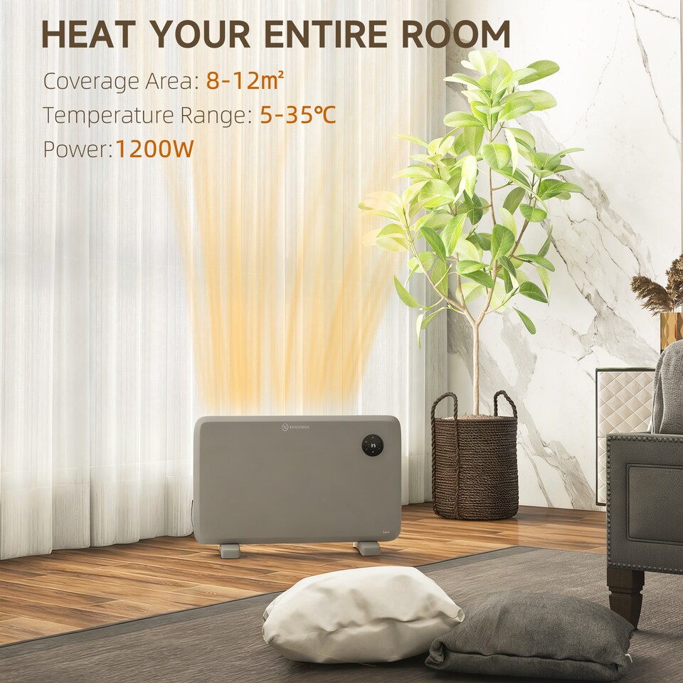 image 1 of HOMCOM 1200W Electric Panel Heater, Freestanding or Wall Mounted, Convector Heater with LED Display, Open Window Detection, Timer, Overheat Protection, Remote Control, Grey
