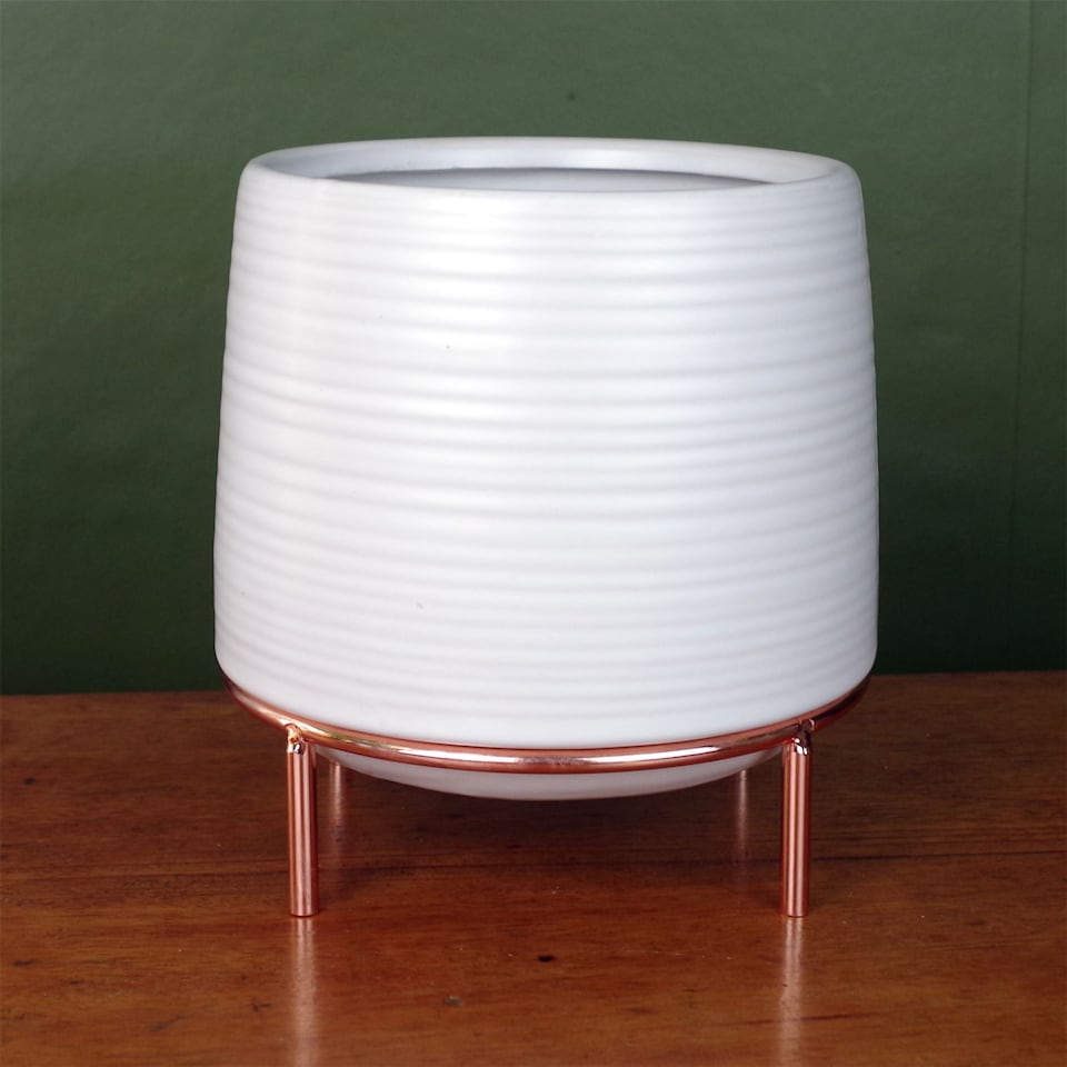 image 1 of White Ceramic Planter with Metal Stand Plant Pot Botanik | White