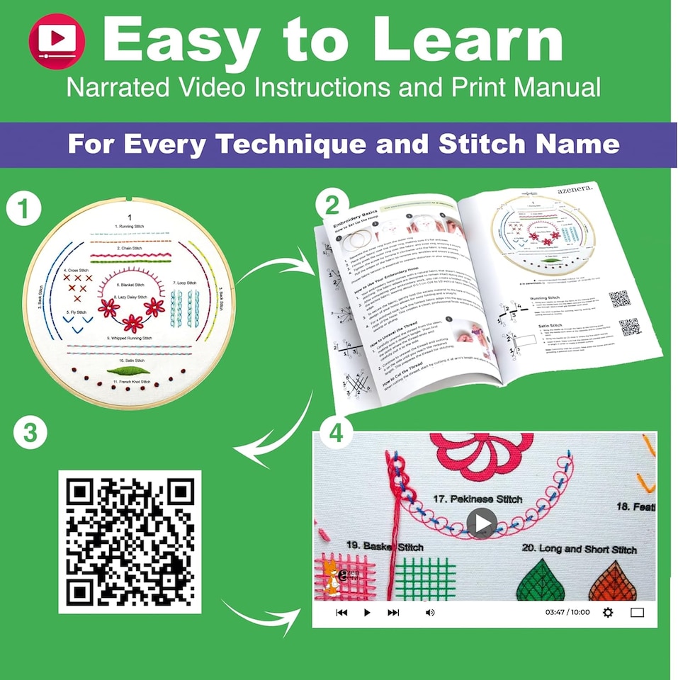 image 1 of Beginner Embroidery Kit (4 Pack) for Adults, Learn 33 Stitches with Easy DIY Video Tutorials, Coloured Design Patterns (AZA100)