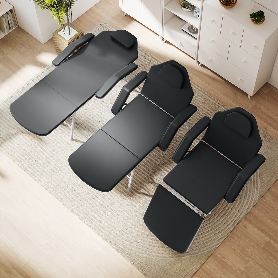 image 1 of HOMCOM Portable Massage Table, 3 Section Adjustable Beauty Bed, Foldable Massage Bed with Face Hole, Recliner Chair with Removable Headrest and Armrests for Spa, Lash, Tattoo, Black | Black