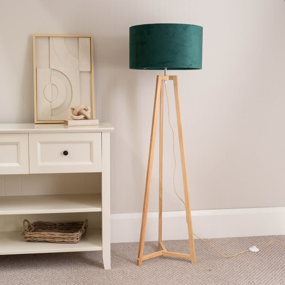 image 1 of ValueLights Lottie Natural Wood Tripod Floor Lamp Forest Green Velvet Shade | Green