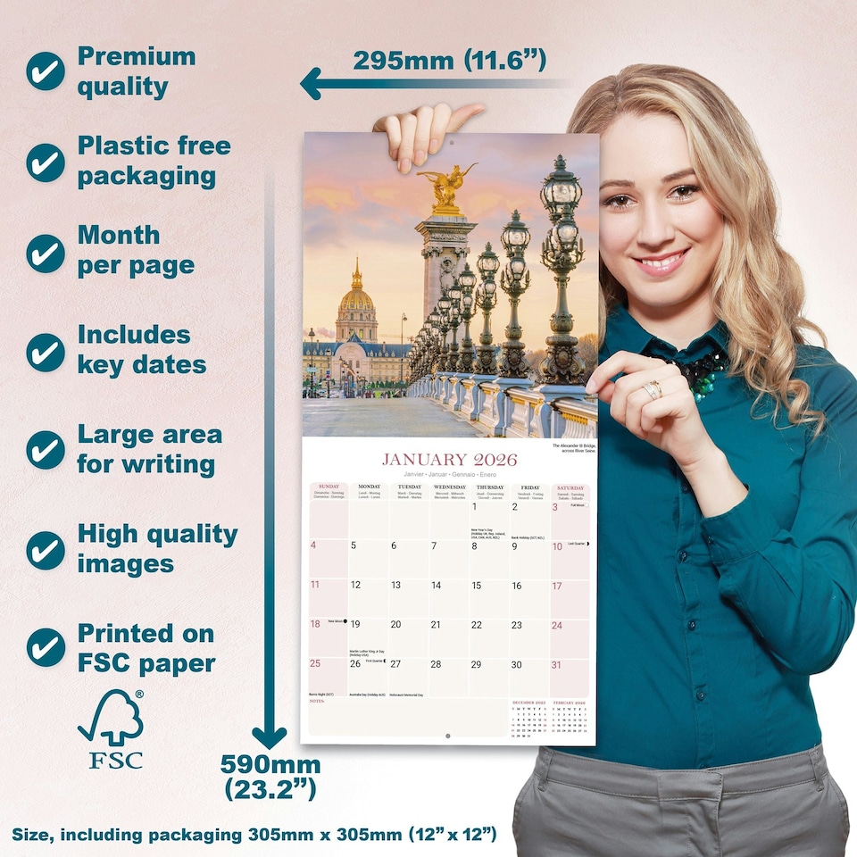 image 1 of Paris 2026 Calendar | Square Wall Calendar | Travel Gift | Plastic Free Packaging | by Avonside Publishing