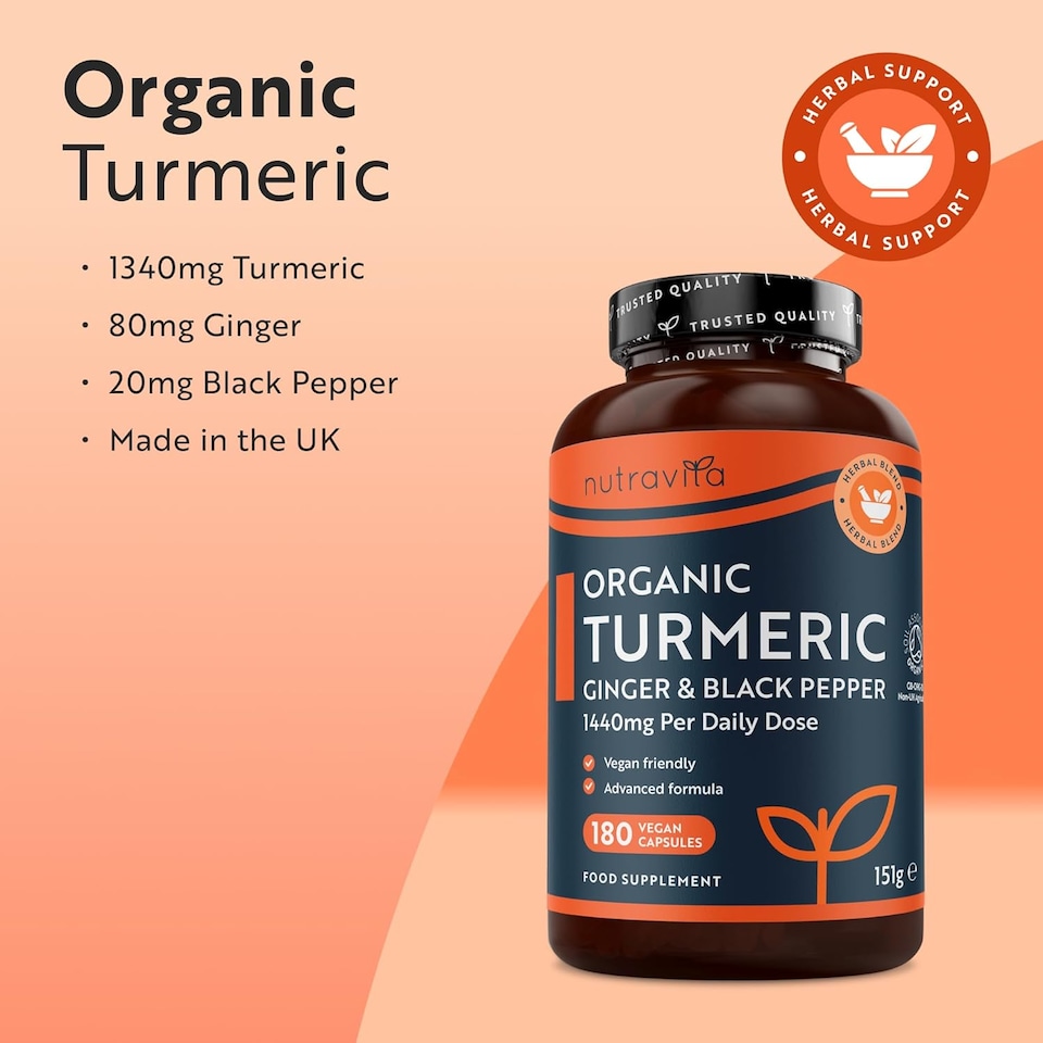 image 1 of Nutravita Organic Turmeric 1440mg High Strength with Black Pepper, Ginger & Active Ingredient Curcumin - 180 Vegan Capsules - 3 Month Supply