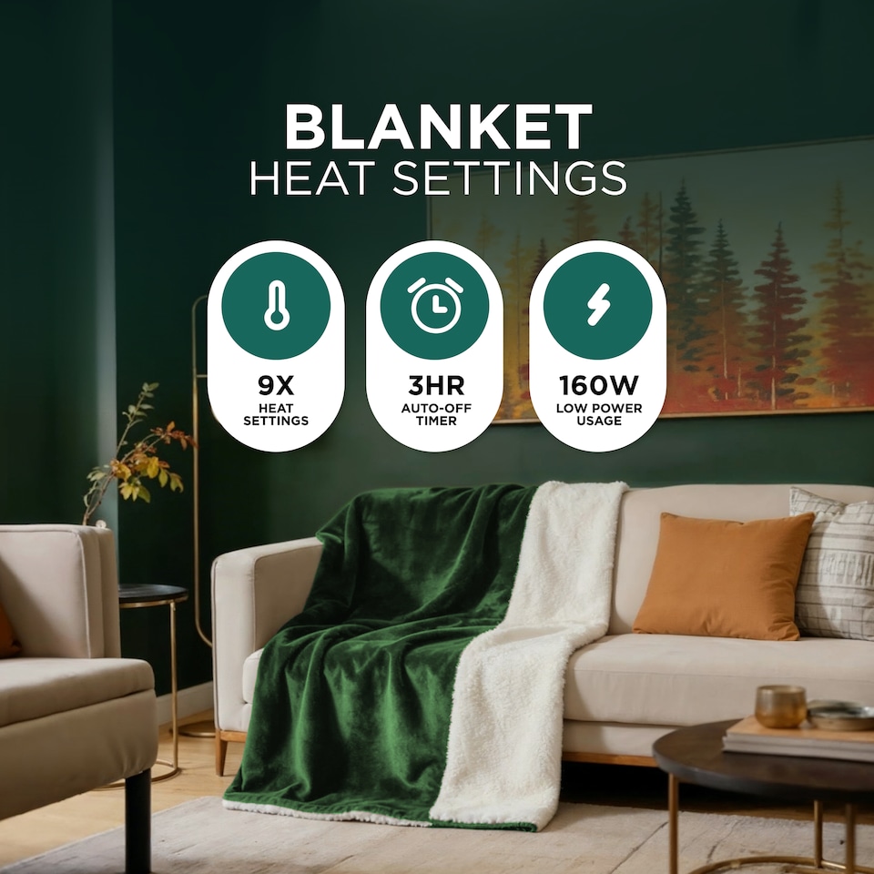 image 1 of DMD Heated Electric Throw Blanket, Fleece Sherpa, 9 Heat Settings & Timer, 150x200cm