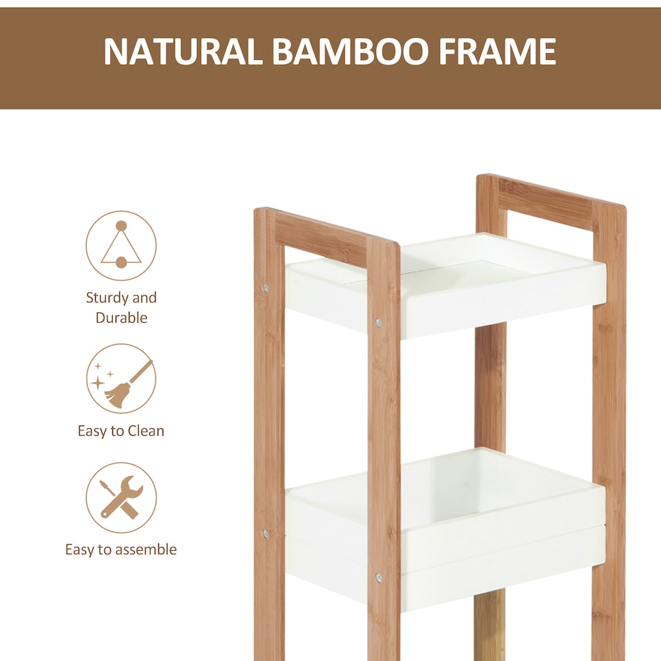 image 1 of HOMCOM 3-Tier Bathroom Rack Storage Shelf Bamboo Organiser Shower Tower for Narrow Place