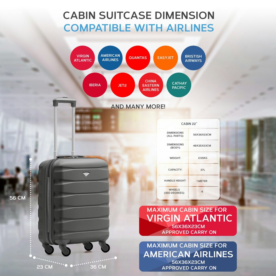 image 1 of Flight Knight Cabin Suitcase 56x36x23cm - 30+ Airlines Approved - British Airways, EasyJet- Lightweight 4 Wheel Carry On Hard Shell Hand Luggage Grey | Charcoal | Cabin Bag