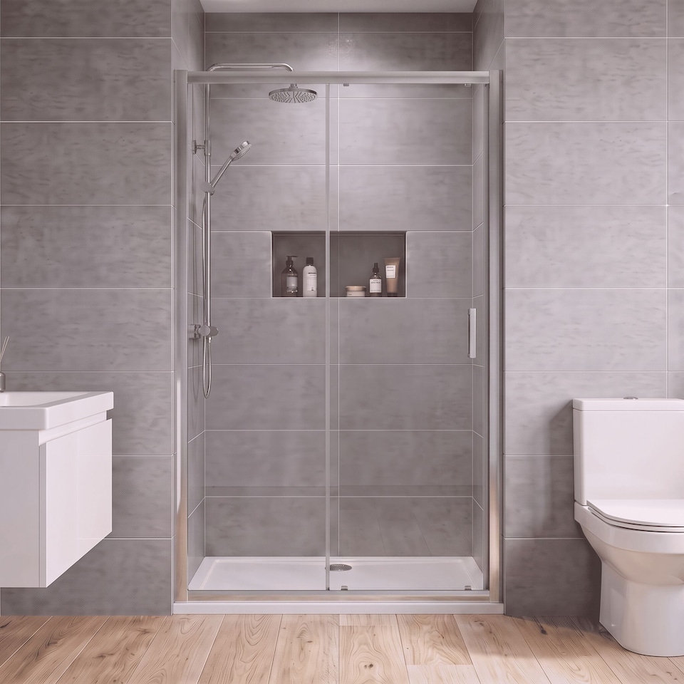 image 1 of Balterley Toughened Safety Glass Reversible Sliding Shower Door | Silver | Chrome | 1