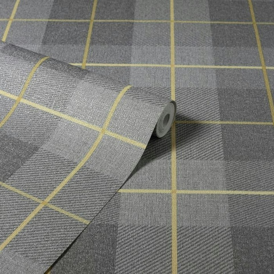 image 1 of Arthouse Heritage Tartan Textured Wallpaper - Ochre/Grey - 10m x 53cm Yellow