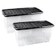 image 1 of 2 x Stackable & Strong Durable 42 Litre Curve Plastic Storage Boxes With Black Lids For Home & Office Clear