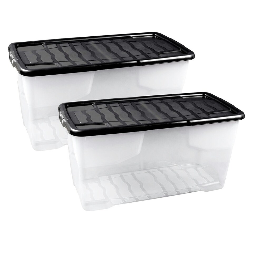 image 1 of 2 x Stackable & Strong Durable 42 Litre Curve Plastic Storage Boxes With Black Lids For Home & Office Clear