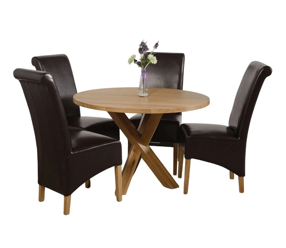 image 1 of Oregon Round Oak Dining Table and 4 Montana Leather Chairs | Brown | Brown | 1