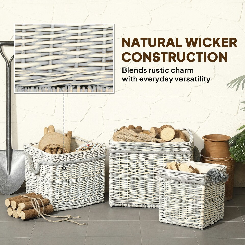 image 1 of Outsunny Set of 3 Wicker Log Basket with Liner and Rope Handles, Beige