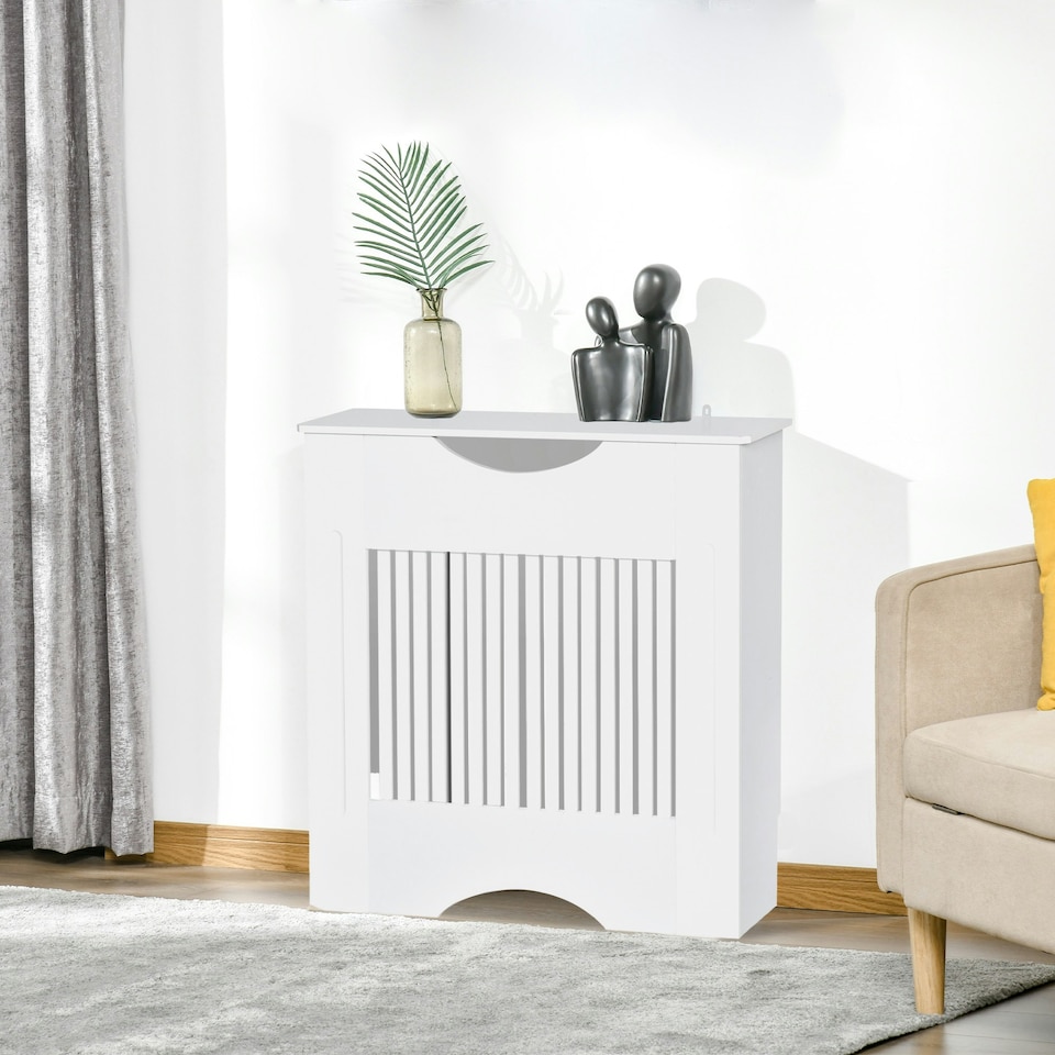 image 1 of HOMCOM Modern Radiator Cover Heater Cabinet Slatted Worktop Painted MDF White