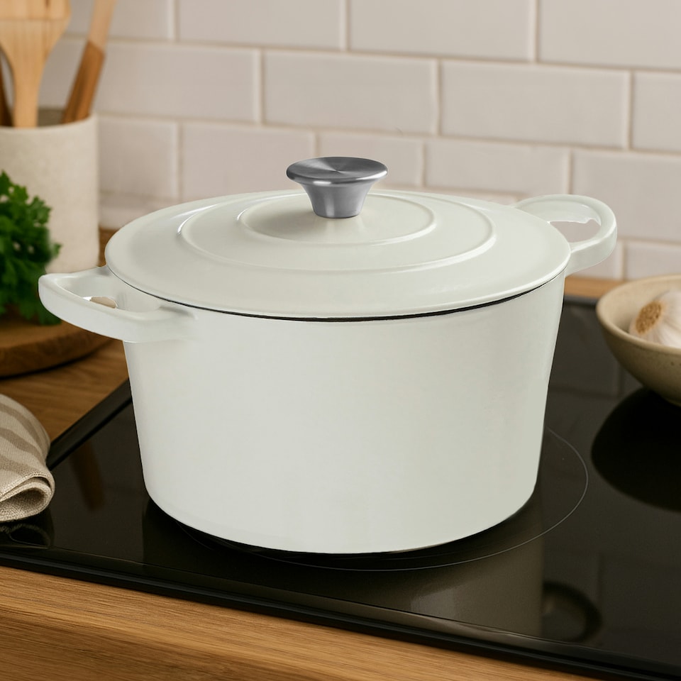 image 1 of Interiors by Premier Medium Cast Iron Casserole Dish, Durable Cast Iron Cookware With Enamel Coating, Oven Safe Dish With Lid Multi