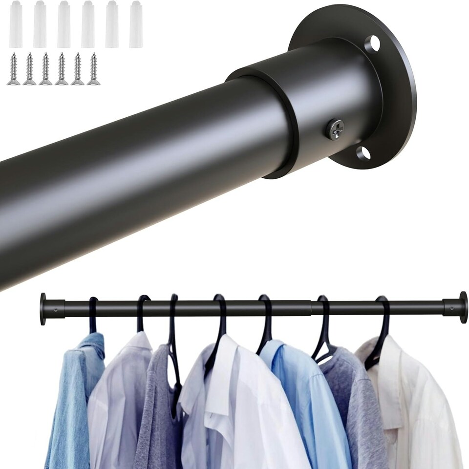 image 1 of Extendable Wardrobe Clothes Rail Rod Pole Black Stainless Steel Adjustable Store - Small (45-77cm) Black