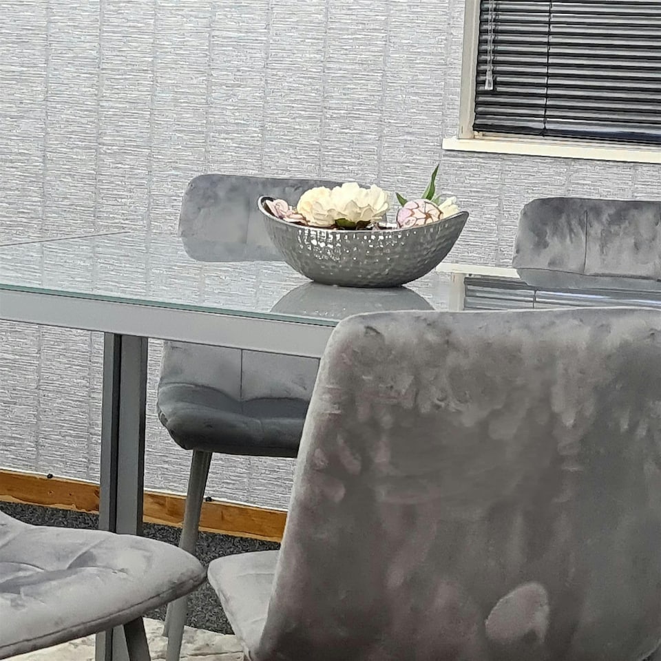 image 1 of Dining Table and 4 Grey Velvet  Chairs Grey  Glass Table 4 Velvet Chairs  Dining Room Furniture | Grey | 5