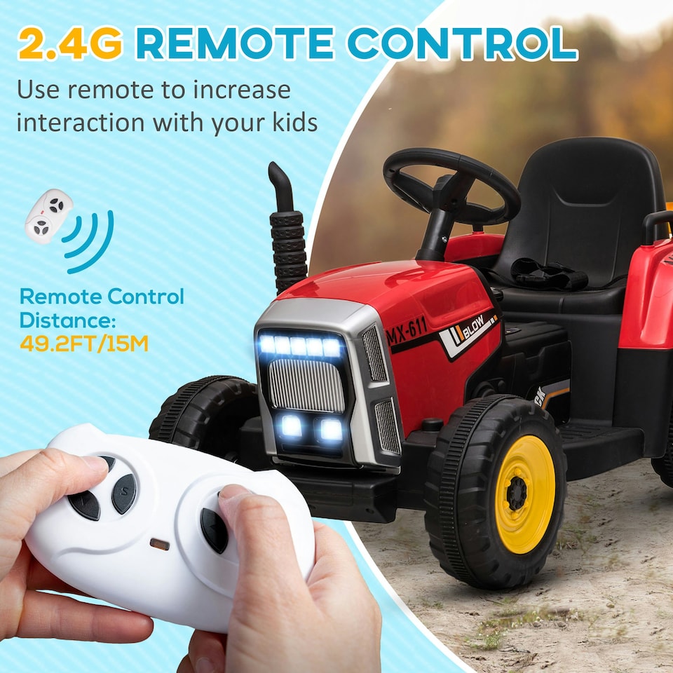 image 1 of HOMCOM Ride On Tractor with Detachable Trailer, Remote Control, Music - Red