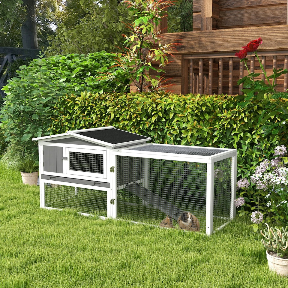 image 1 of PawHut Rabbit Hutch, Bunny Cage with Run & Sliding Tray, Hay Rack, Grey