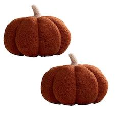 OHS 2 x Boucle Fleece Pumpkin Shaped Halloween Fall Autumn Decoration Filled Cushions, 25x25cm - Rust