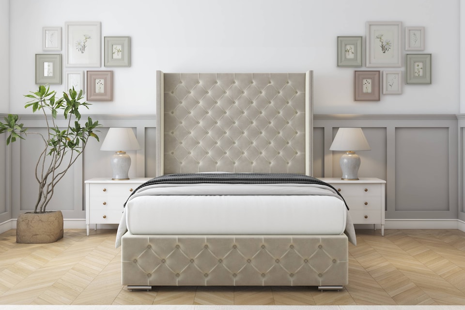 image 1 of Sloomy Arundel Cream Plush Bed Frame With Mattress With 50"  Upholstered Wingback Headboard 6' Super King