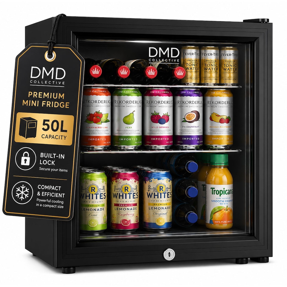 image 1 of DMD 50L Glass Mini Fridge with LED Light, Lock & Key | Black
