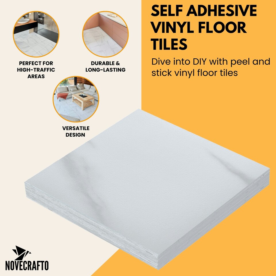 image 1 of NOVECRAFTO Vinyl Floor Tiles Self Adhesive – 18x18in Peel and Stick Waterproof Square Flooring for Kitchen, Bathroom & More – White Marble Design | White | 7.1 sqm
