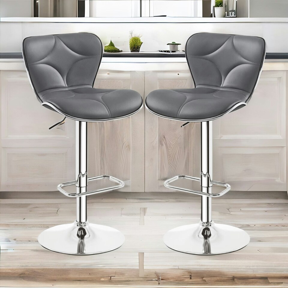image 1 of Set Of 2 Height Adjustable 360 Swivel Barstools With Shell Backrest Dark Grey Grey