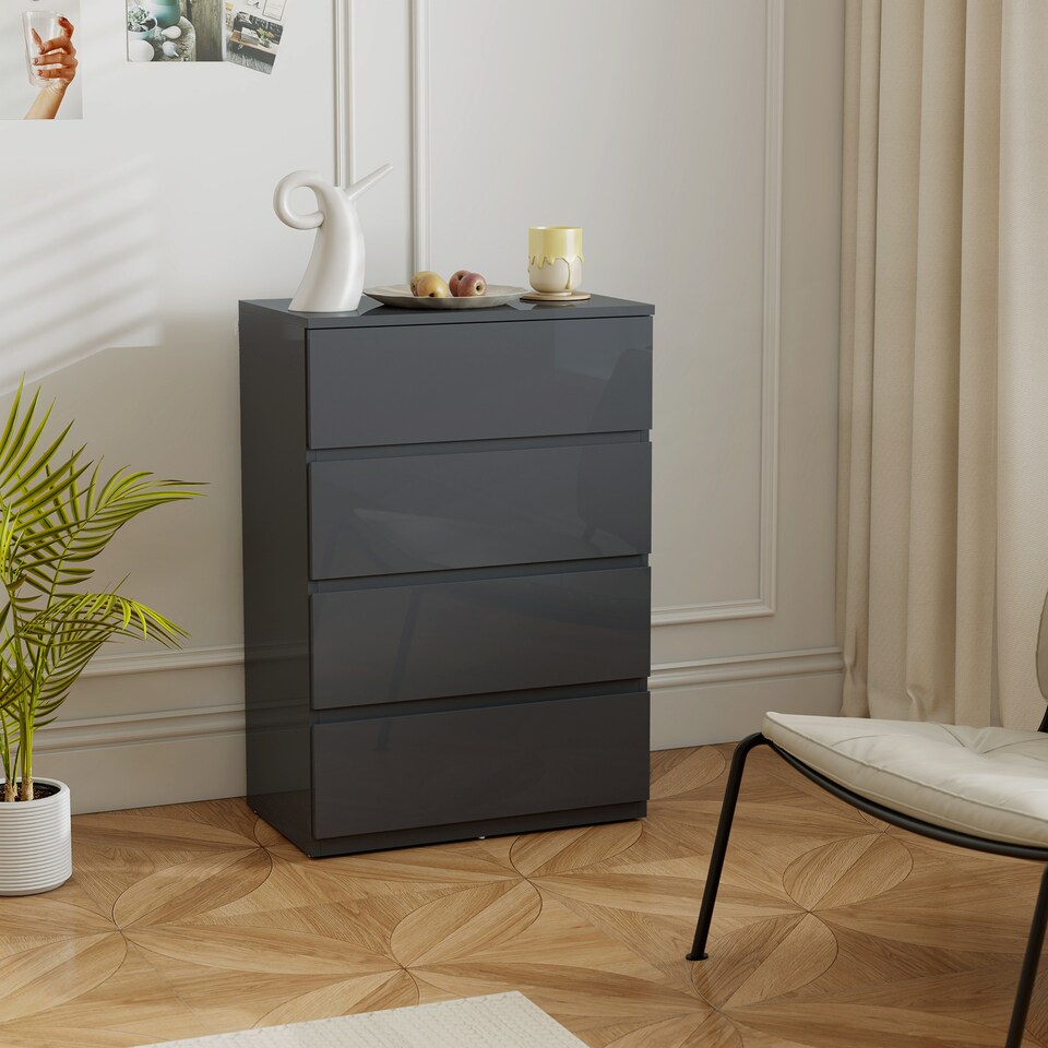 image 1 of HOMCOM Chest of Drawers, Modern 4 Drawer Dresser with Soft Closing Mechanism for Bedroom, High Gloss Grey